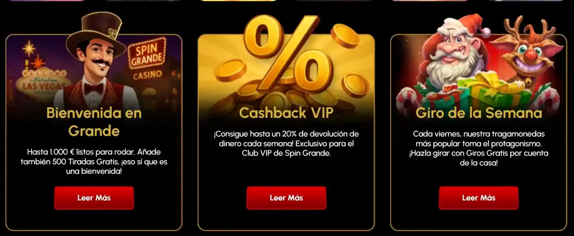 Promociones activas Spin Grande - Bienvenida en Grande hasta 1.000€ + 500 Tiradas Gratis, Cashback VIP 20% de devolución, Giro de la Semana